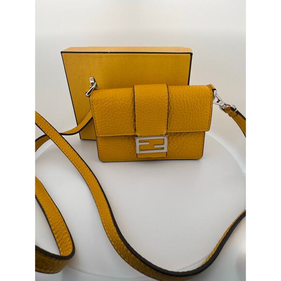 Fendi Micro Baguette Crossbody Wallet in Mustard Yellow Grained Leather - Picture 1 of 4